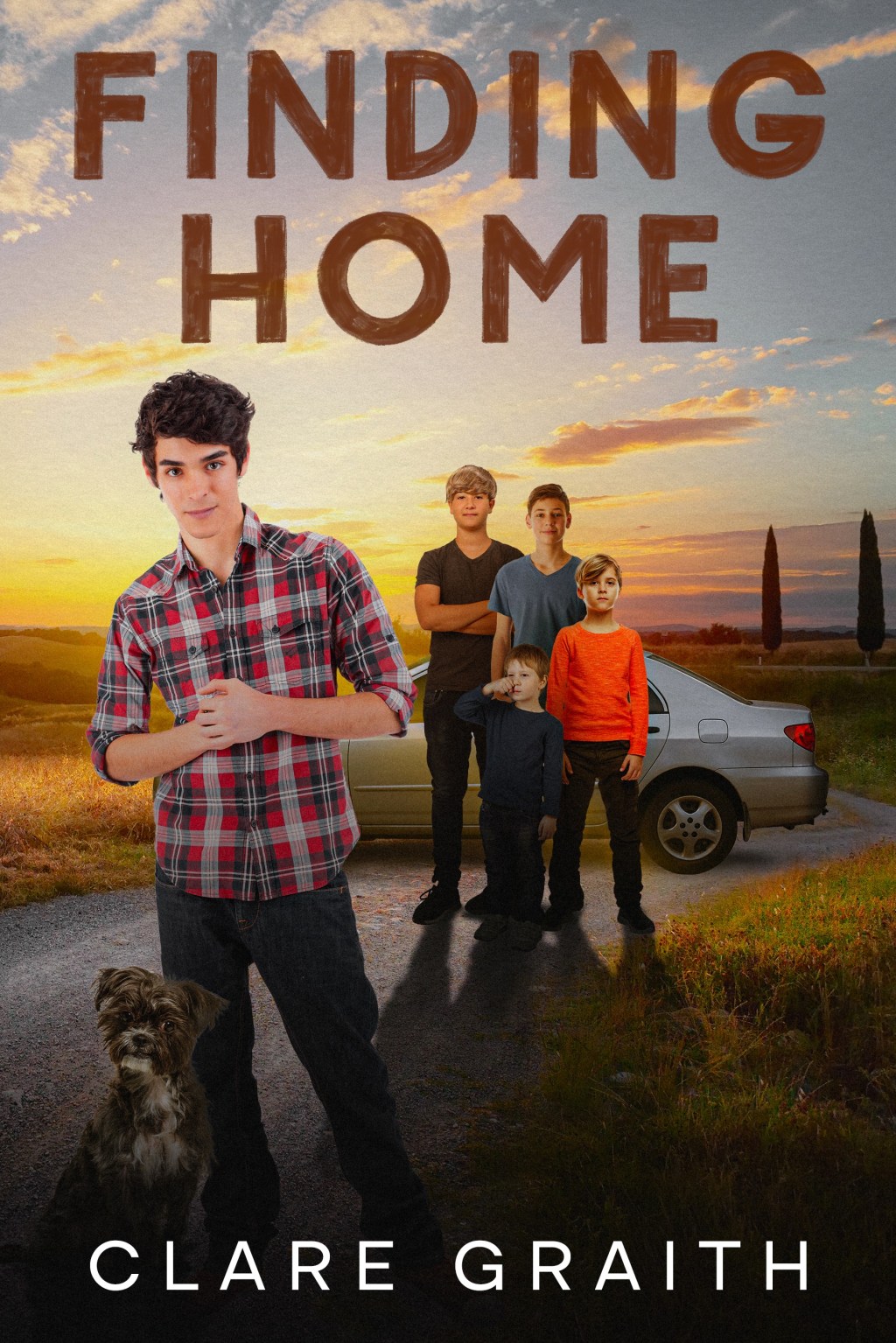 A young man and a scruffy dog in the foreground with four boys in a group from 10 to 5 years old in the background