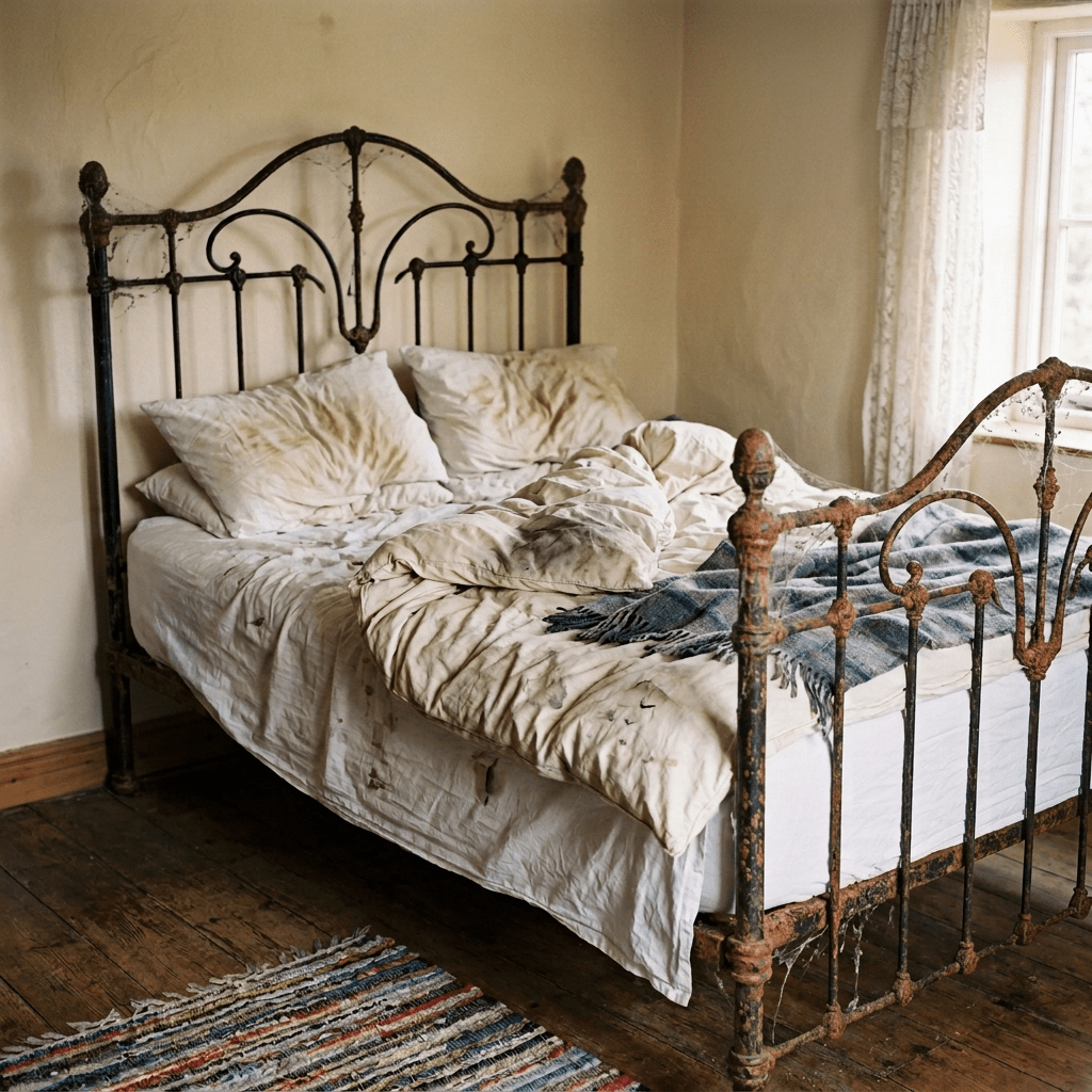 A rusty wrought-iron bed, dirty white linens, plaid blanket, and woven rug on a rough wood floor.