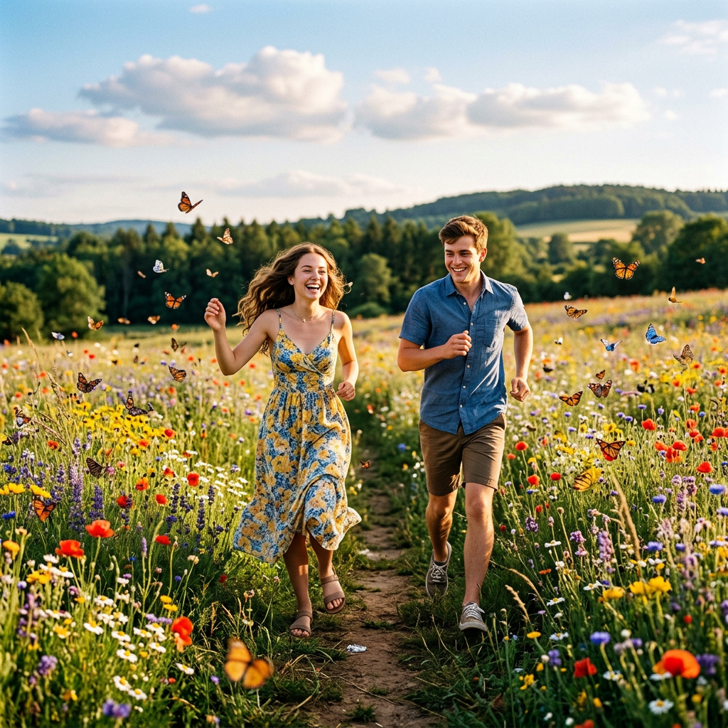 Smiling young man and woman running through a wildflower meadow with butterflies
